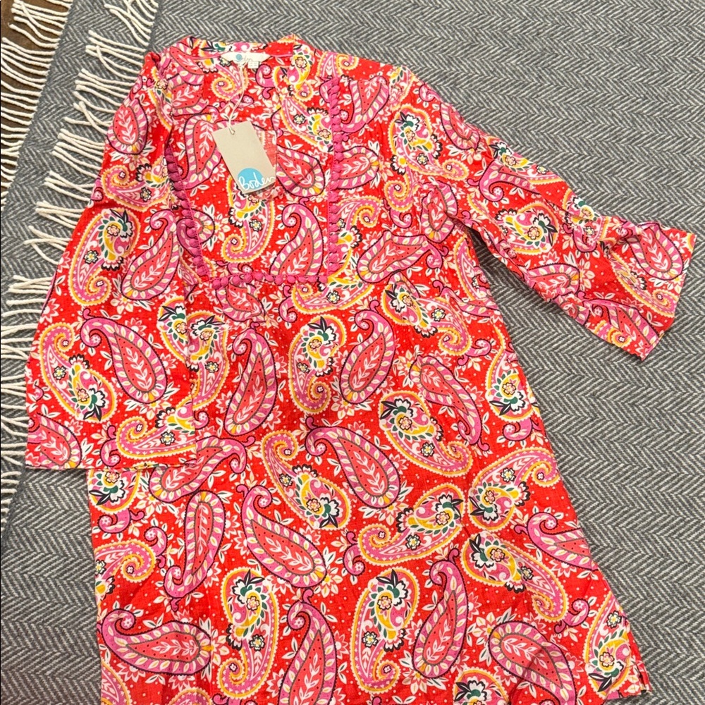 Boden Red and Pink Paisley swim cover up or dress -Linen